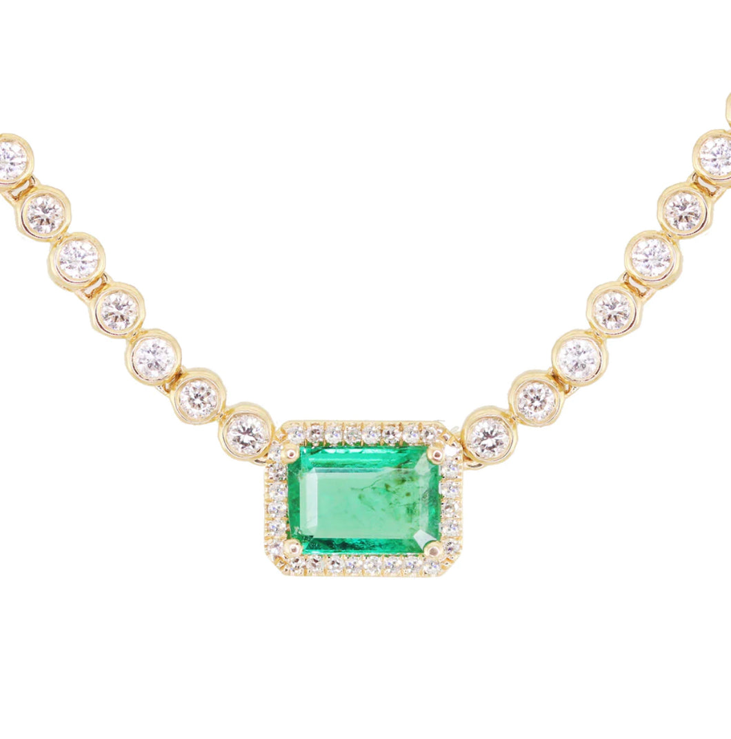 Diamond  Bezel Necklace with Emerald Pendant