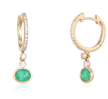 Load image into Gallery viewer, DIAMOND HUGGIES WITH OVAL EMERALD DROPS
